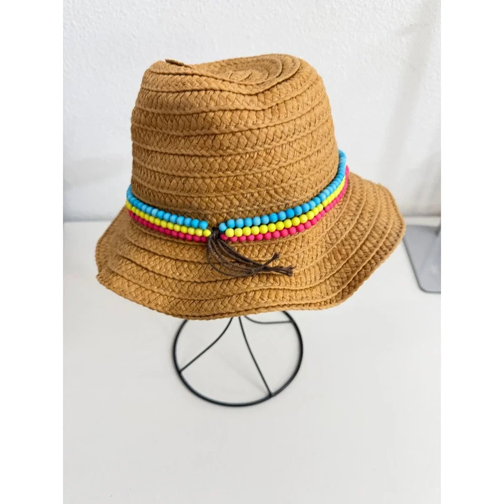 The Children's Place Girls Straw Fedora Hat Tan Beaded Band S/P 4-6 Summer Hat